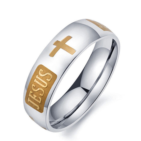 High quality large size 8mm 316 Titanium Steel 14KGP jesus cross Letter bible wedding band ring men women - Stylishjewelry