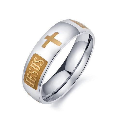 large size 8mm 316 Titanium Steel 14KGP jesus cross Letter bible silver wedding band ring men women - Stylishjewelry