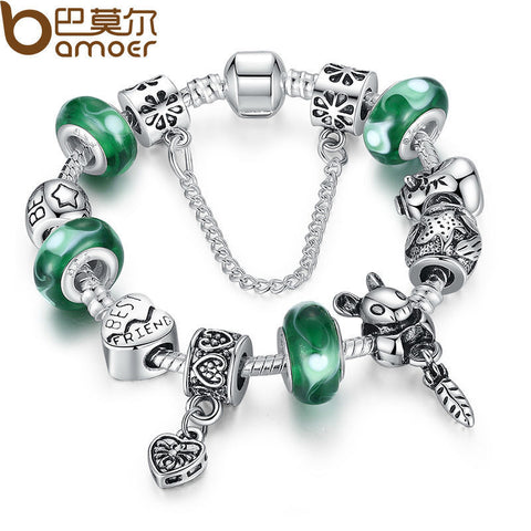 BAMOER Silver Green Bead Animal Best Friend Charm Bracelet with  Safety Chain for Women Original Jewelry PA1433 - Stylishjewelry