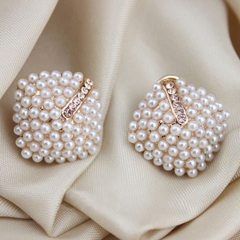 ExquisiteFashion OL Style Women Stud Earrings Pearl Rhombus Crystal Rhinestone #LSN - Stylishjewelry
