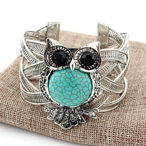 Vintage Owl Silver Bracelets with Turquoise Stone Wide Bracelet Bangle for Women Jewelry - Stylishjewelry