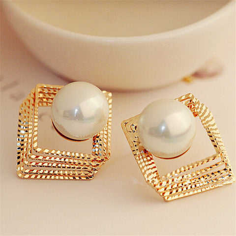 Golden Square & Pearl Earrings - Stylishjewelry