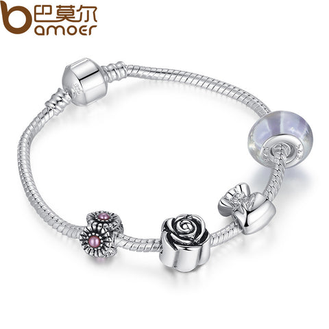 BAMOER Silver Color Charm Bracelet Pulseira with Murano Glass Beads Snake Chain Bracelet for Women Jewelry PA1439 - Stylishjewelry