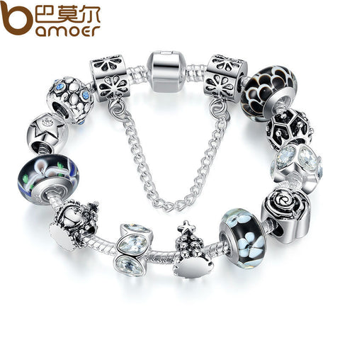 BAMOER Silver Color Authentic Glass Bead Charm Bracelet With Safety Chain Luxury Engagement Bijoux PA1843 - Stylishjewelry