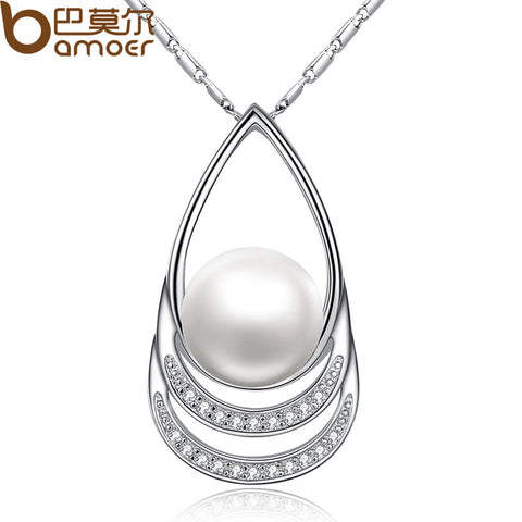 BAMOER  Silver Color Imitation Pearl Necklaces & Pendants with Paved Micro AAA Cubic Zircon Women Jewelry YIN027 - Stylishjewelry