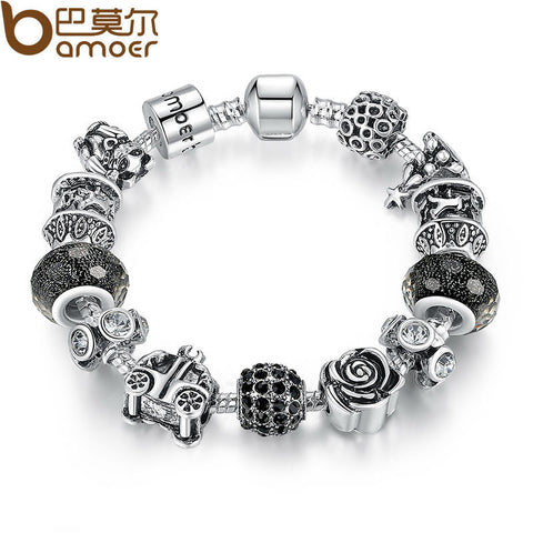 BAMOER Silver Color Retro Beads Rose Car Black Ball Murano Beads Bracelets New Year Gift Aliexpress PA1466 - Stylishjewelry