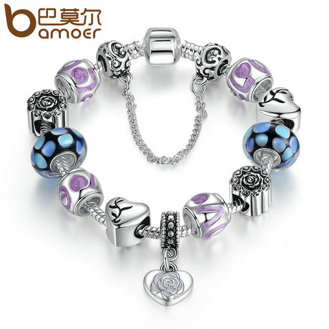 BAMOER Silver Color Flower Heart Pendant Blue European Glass Beads Charms Bracelet Women Fashion Jewelry PA1898 - Stylishjewelry