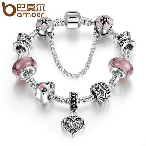 BAMOER Popular Silver Color Butterfly Flower Beads Heart Pendant Star Charms with Safety Chain Charm Bracelet Wedding PA1890 - Stylishjewelry