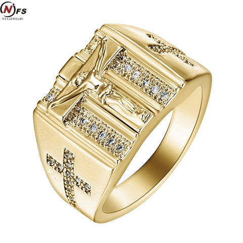 Vintage Gold Holy Cross Signet Ring Prayer Christian Jesus Gold Rings White Cub Zirconia Wedding Finger Ring - Stylishjewelry
