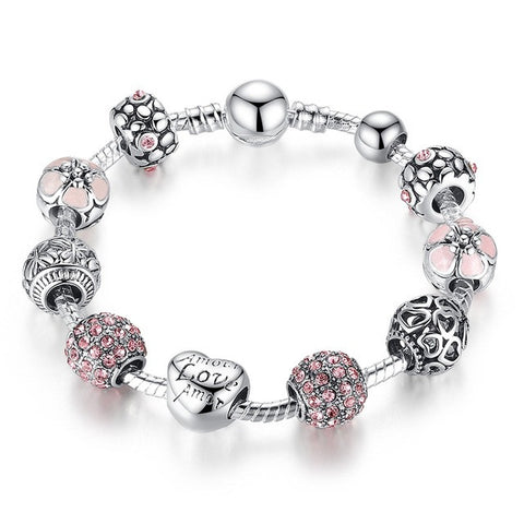 BAMOER Antique Silver Charm Bracelet & Bangle with Love and Flower Crystal Ball Women Wedding Valentine's Day Gift PA1455 - Stylishjewelry