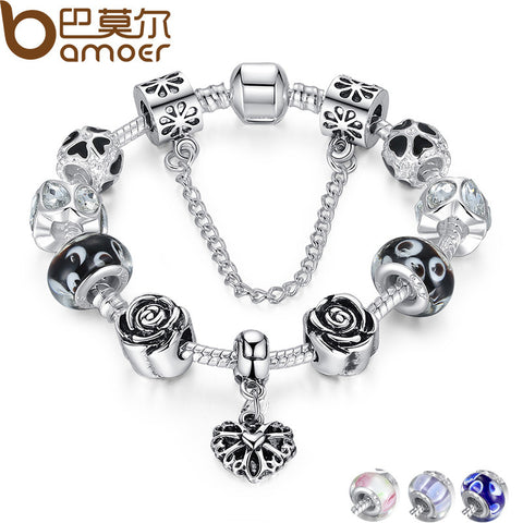 BAMOER 4 Colors Silver Heart Charm Bracelet Silver with Safety Chain & Black Beads Bracelet Authentic Jewelry PA1435 - Stylishjewelry