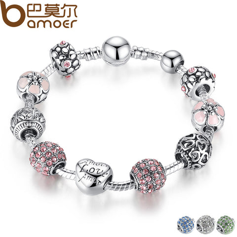 BAMOER Antique Silver Charm Bracelet & Bangle with Love and Flower Crystal Ball Women Wedding Valentine's Day Gift PA1455 - Stylishjewelry