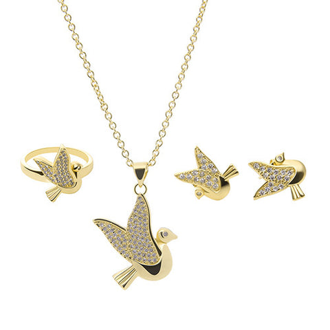 2017 New Women Rhinestone Bird Pendant Necklace Ear Stud Earrings Ring Jewelry Set - Stylishjewelry