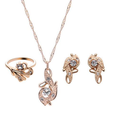 2017 Women Hollow Rhinestone Pendant Necklace Ear Stud Earrings Ring Jewelry Set - Stylishjewelry