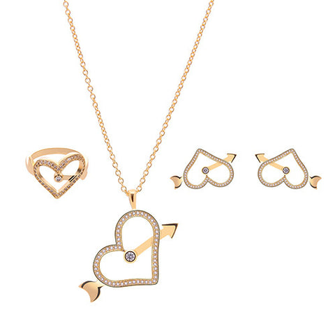 2017 New Women Heart Rhinestone Pendant Necklace Ear Stud Earrings Ring Jewelry Set - Stylishjewelry