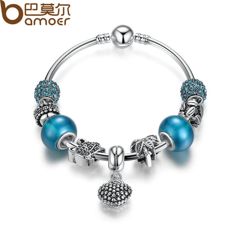 BAMOER Silver Mother Son Charm Bracelets Heart Pendant Bangle with Blue Crystal Beads Mother's Day Gift  PA3075 - Stylishjewelry